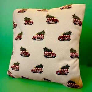 Pottery Barn 16”x 16” Toss Pillow Embroidered Woody Cars W-Christmas Trees Clean